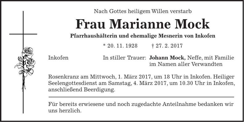 Traueranzeige Marianne Mock