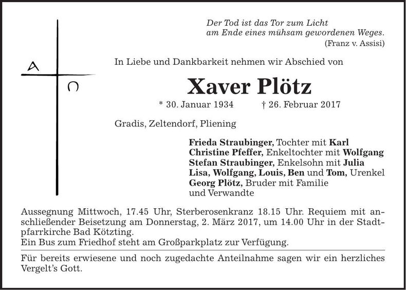 Traueranzeige Xaver Plötz