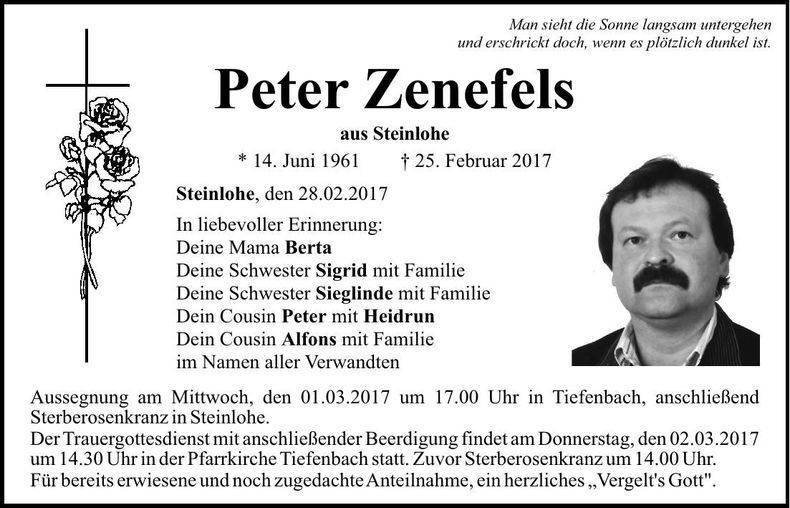 Traueranzeige Peter Zenefels