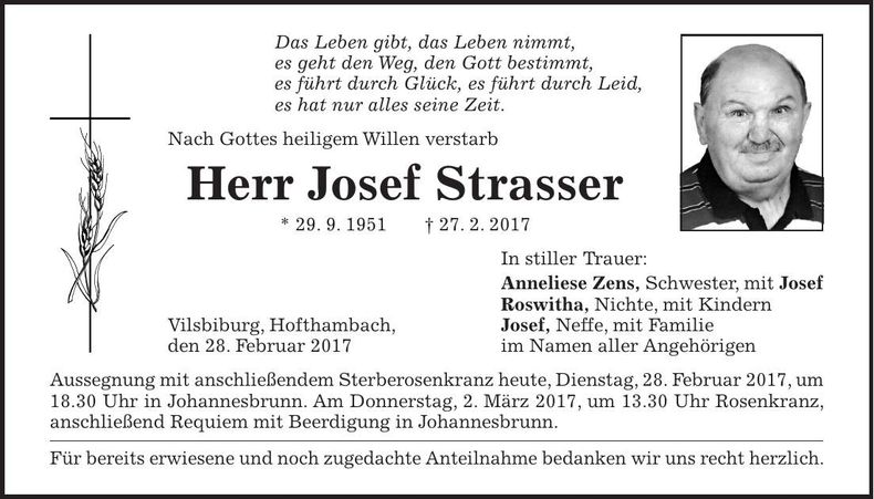 Traueranzeige Josef Strasser