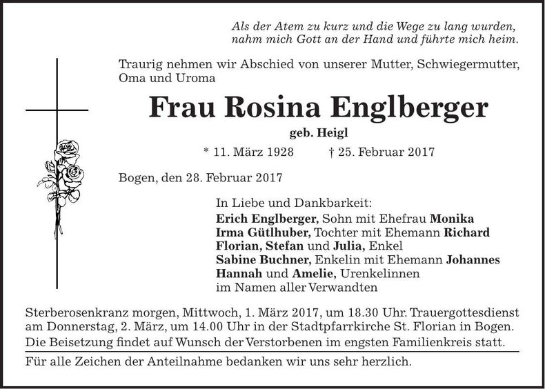 Traueranzeige Rosina Englberger