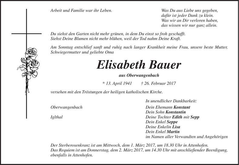 Traueranzeige Elisabeth Bauer