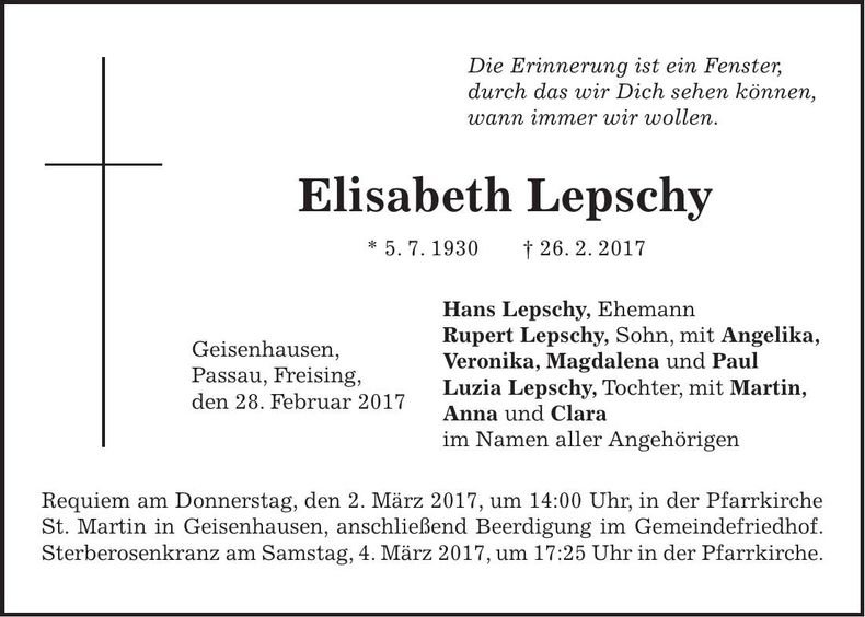 Traueranzeige Elisabeth Lepschy