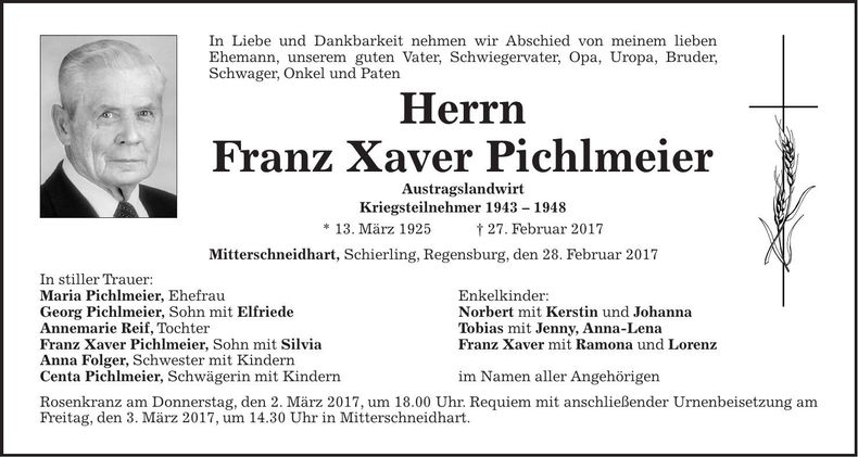 Traueranzeige Franz Xaver Pichlmeier