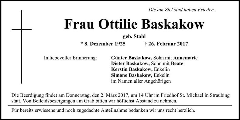 Traueranzeige Ottilie Baskakow