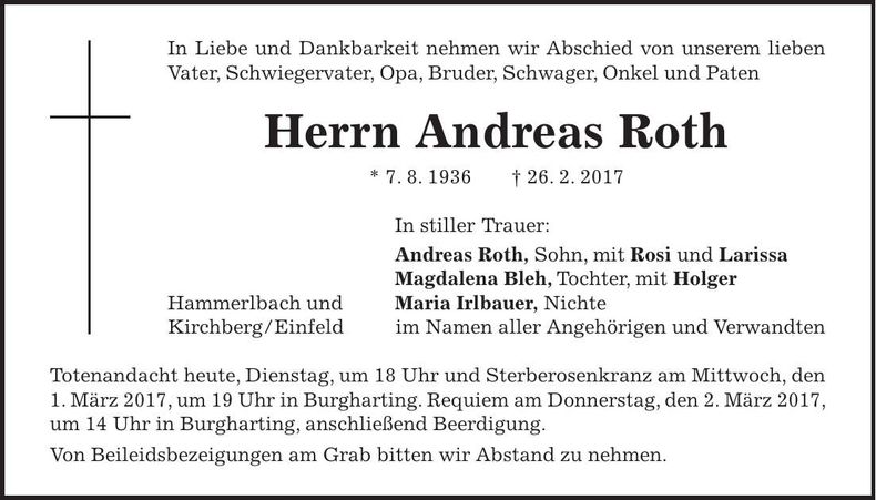 Traueranzeige Andreas Roth