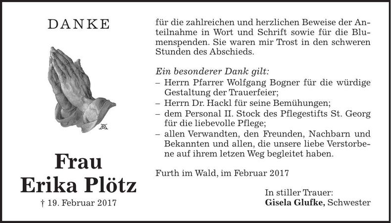Traueranzeige Erika Plötz
