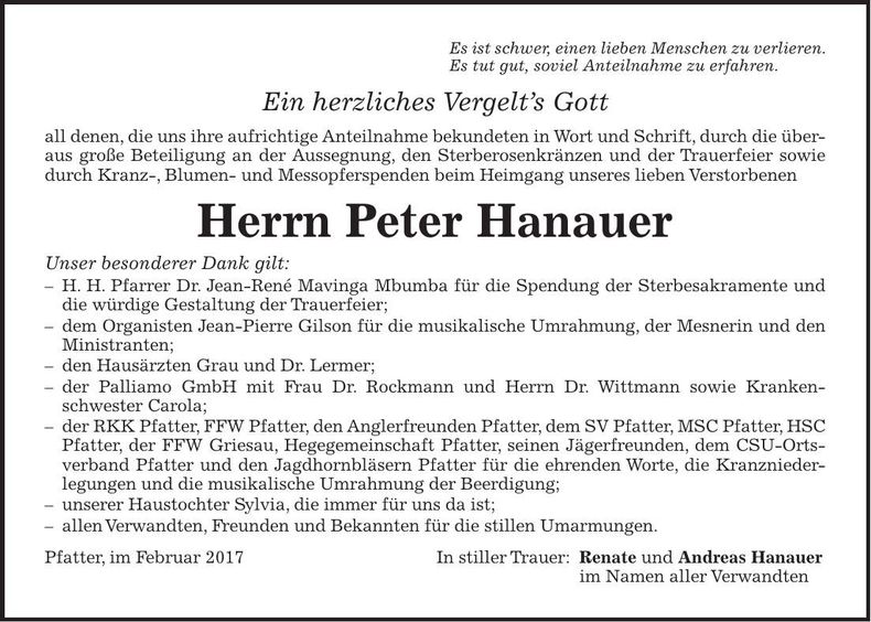 Traueranzeige Peter Hanauer