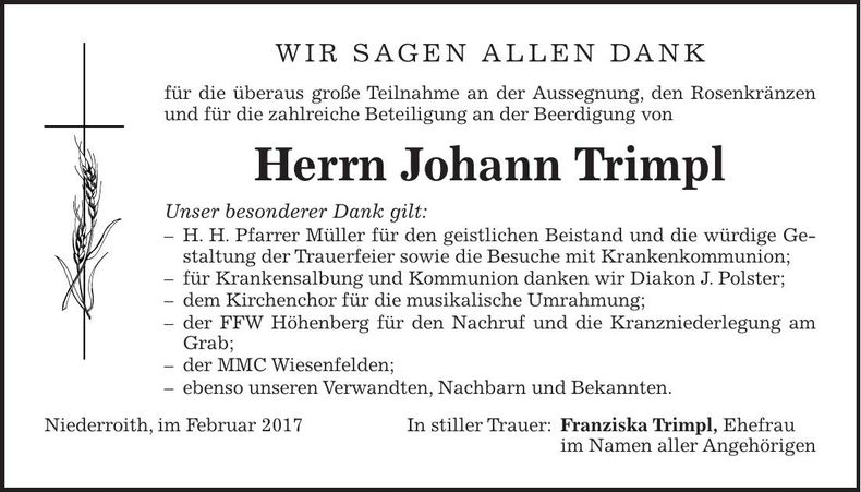 Traueranzeige Johann Trimpl