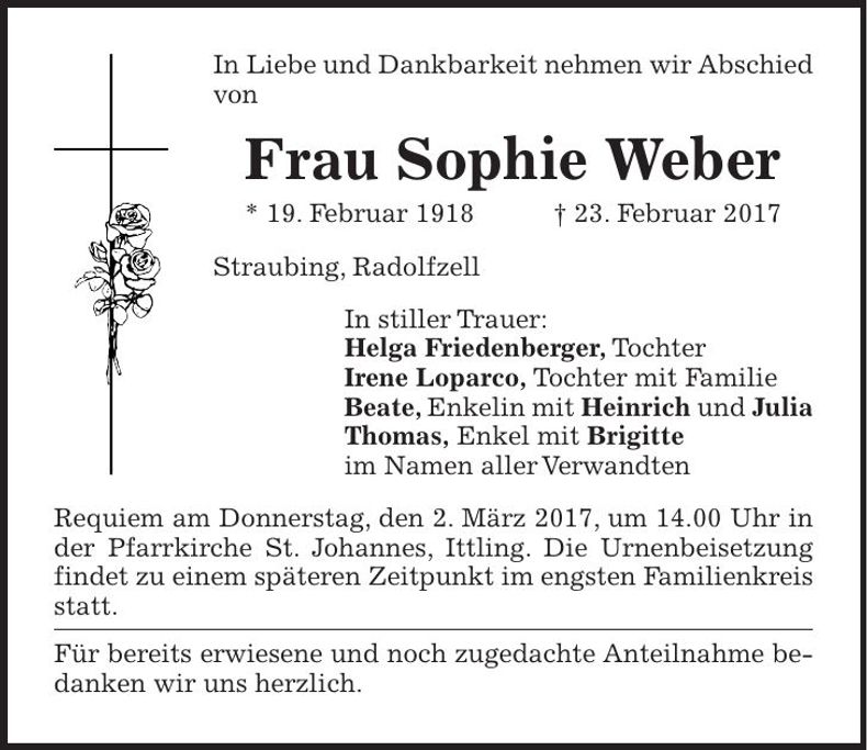 Traueranzeige Sophie Weber