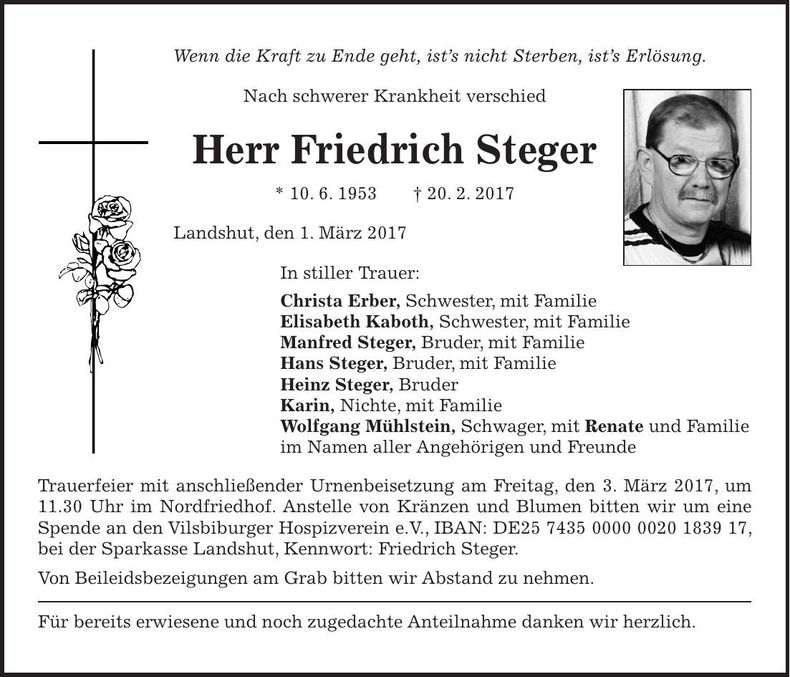 Traueranzeige Fritz Steger