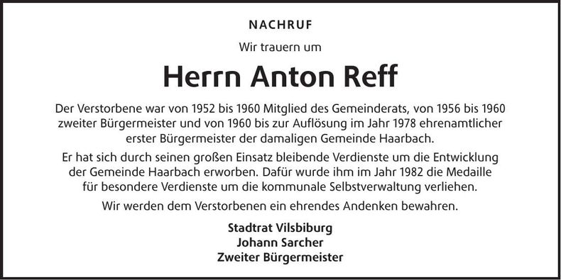 Traueranzeige Anton Reff