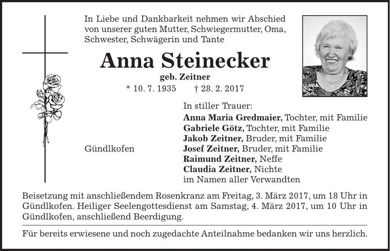 Traueranzeige Anna Steinecker
