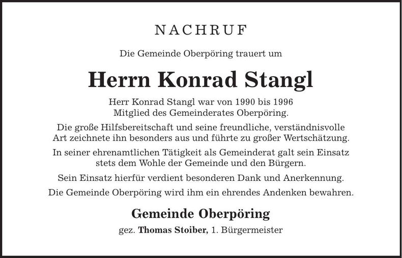 Traueranzeige Konrad Stangl