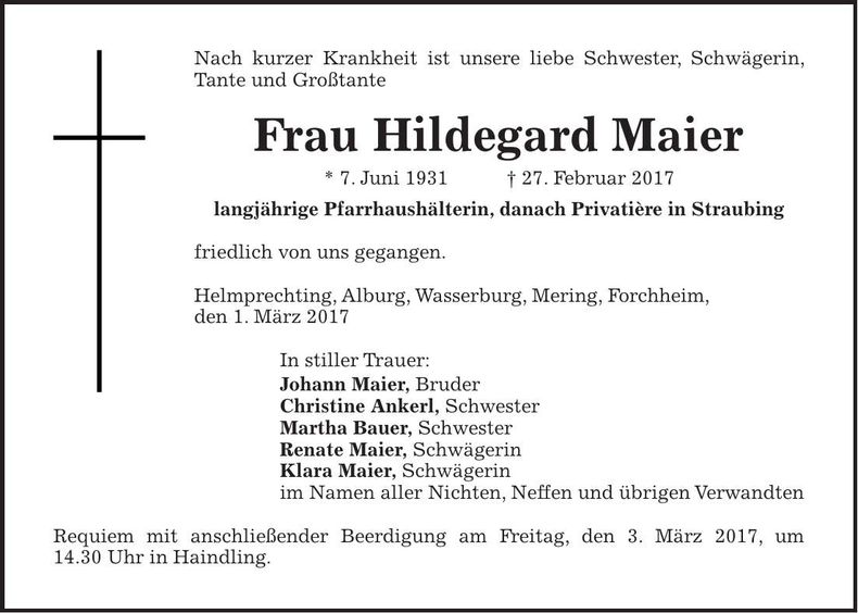 Traueranzeige Hildegard Maier