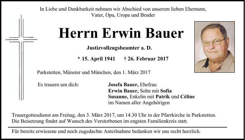 Traueranzeige Erwin Bauer