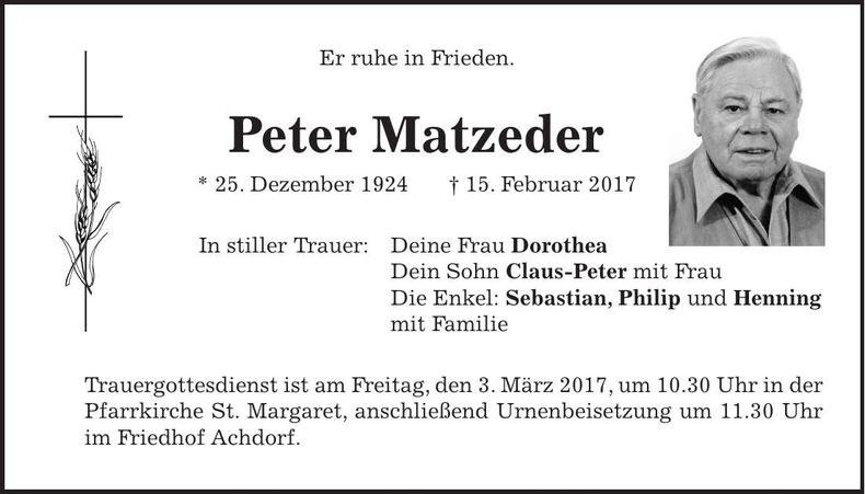 Traueranzeige Peter Matzeder