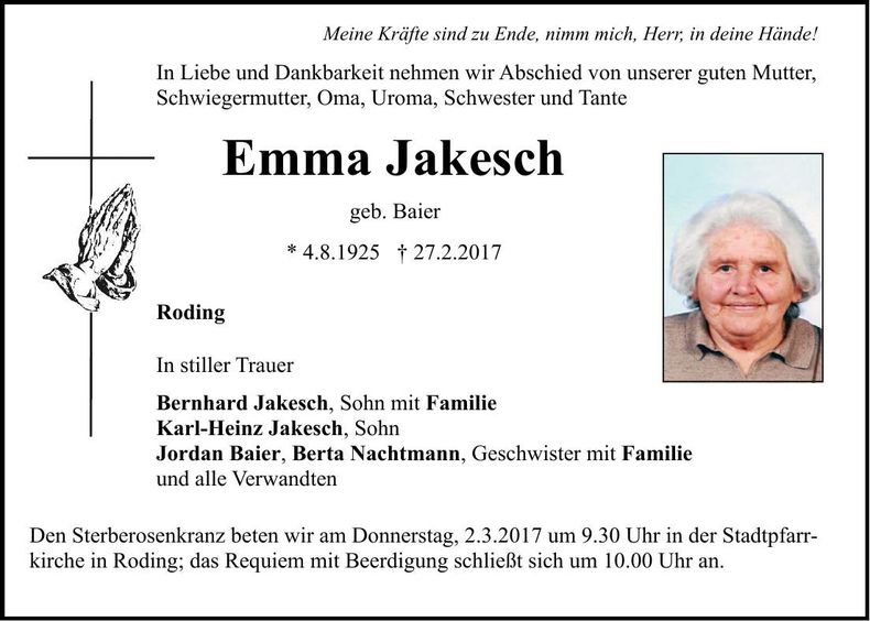 Traueranzeige Emma Jakesch