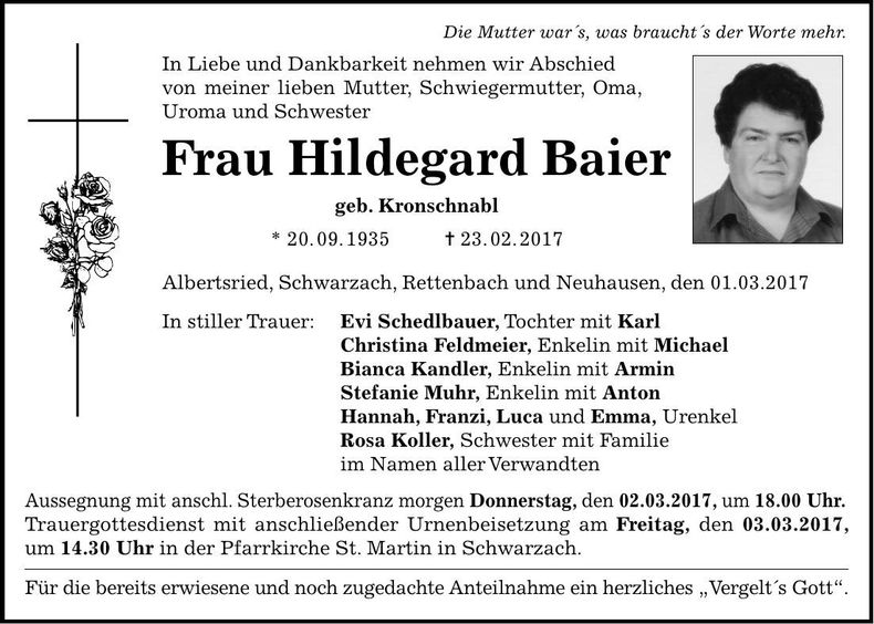 Traueranzeige Hildegard Baier
