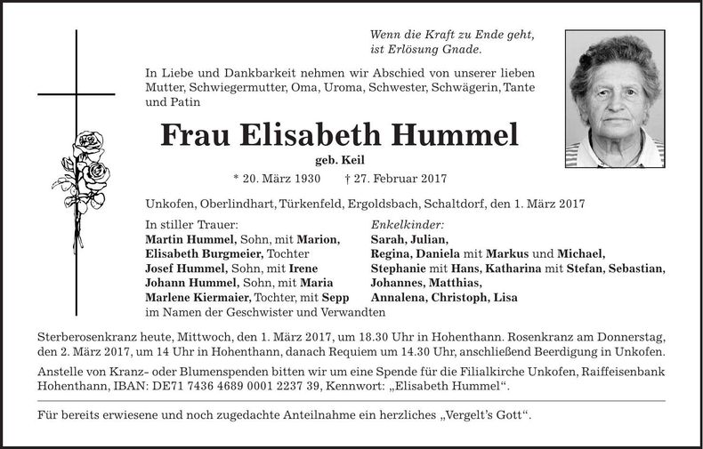 Traueranzeige Elisabeth Hummel