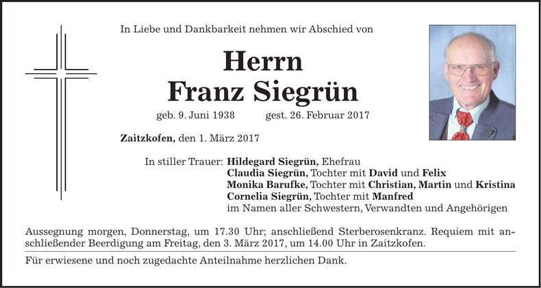 Traueranzeige Franz Siegrün