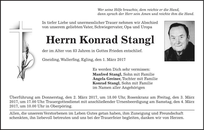 Traueranzeige Konrad Stangl