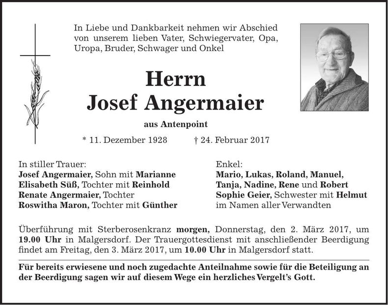 Traueranzeige Angermaier Josef