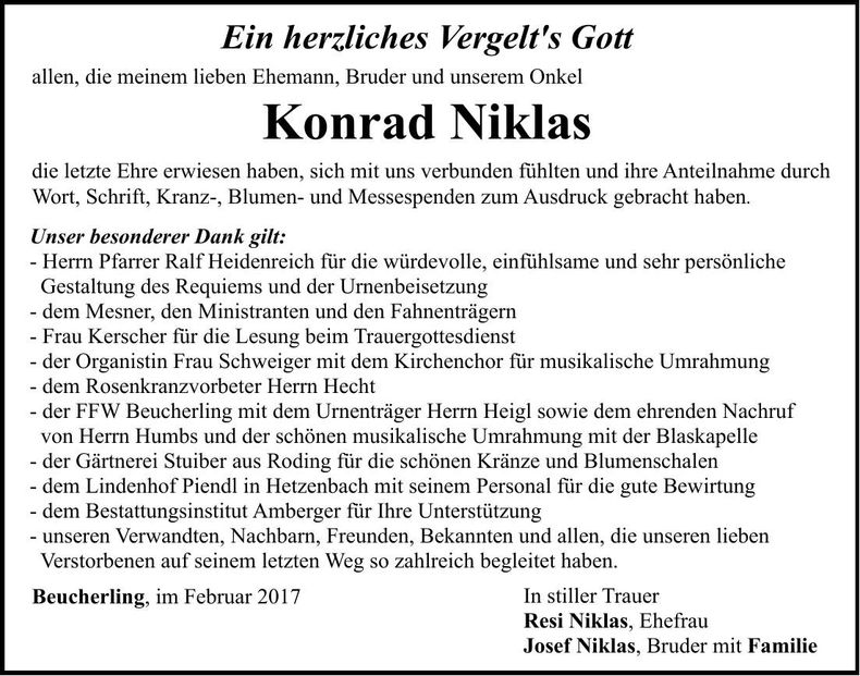 Traueranzeige Konrad Niklas