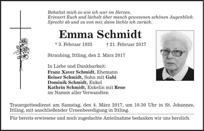 Traueranzeige Emma Schmidt