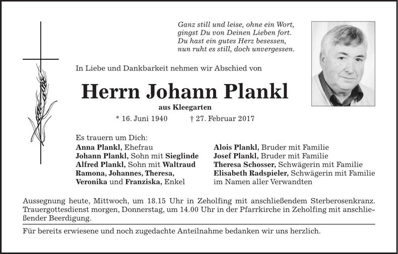 Traueranzeige Johann Plankl