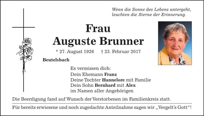 Traueranzeige Auguste Brunner