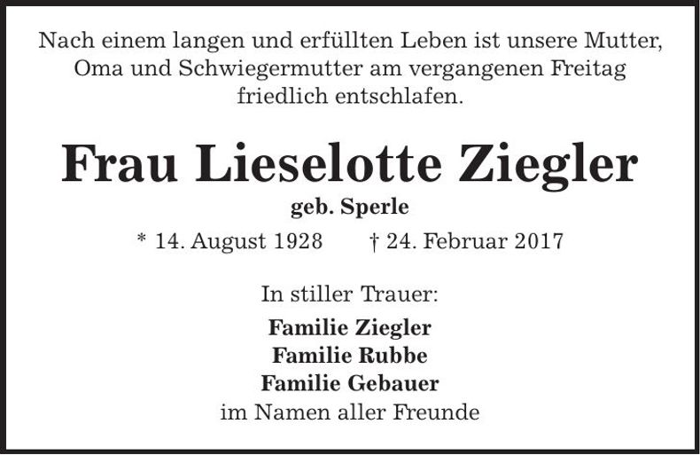 Traueranzeige Lieselotte Ziegler