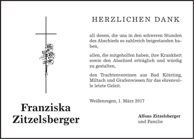 Traueranzeige Franziska Zitzelsberger