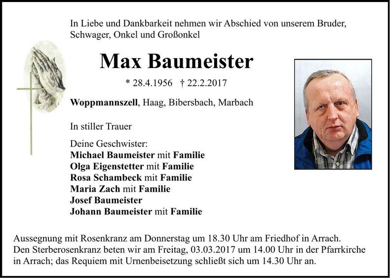 Traueranzeige Max Baumeister