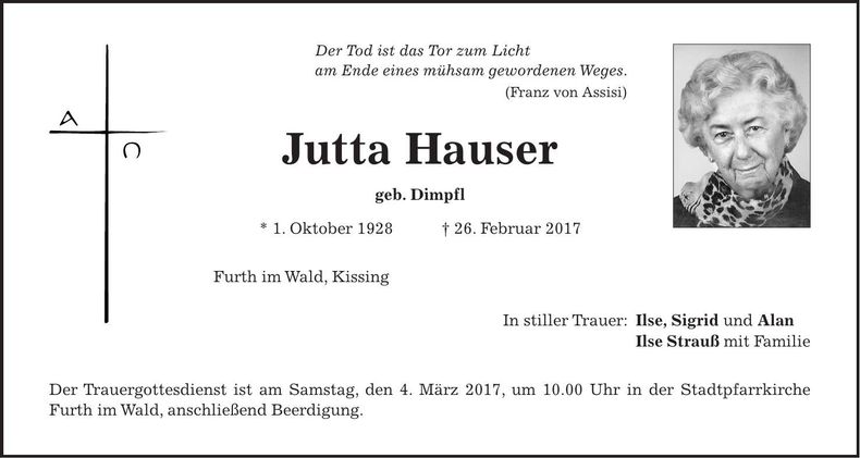 Traueranzeige Jutta Hauser