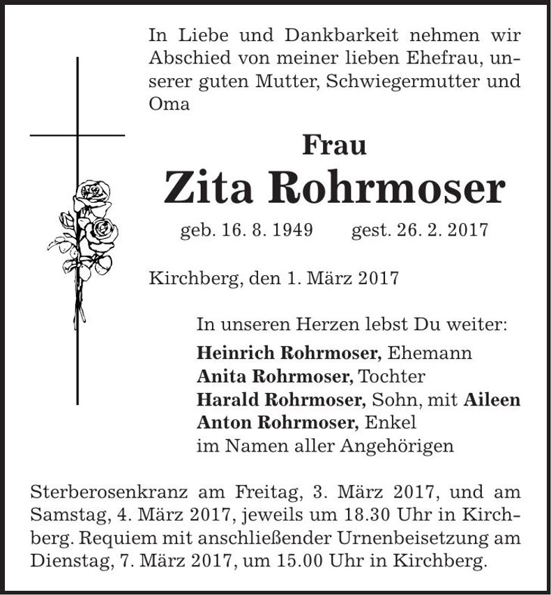 Traueranzeige Zita Rohrmoser