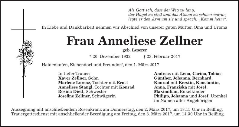 Traueranzeige Anneliese Zellner