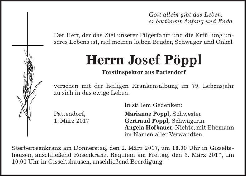 Traueranzeige Josef Pöppl