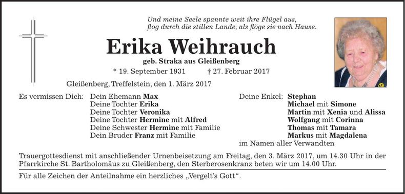 Traueranzeige Erika Weihrauch