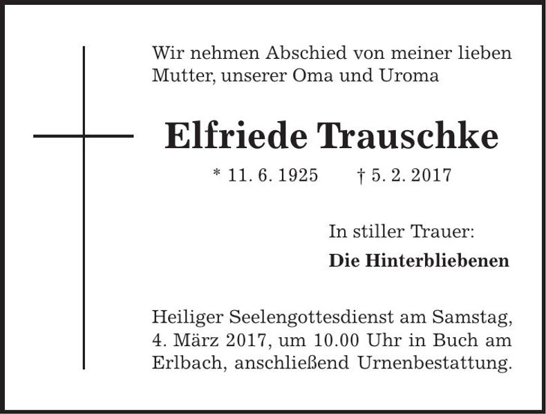 Traueranzeige Elfriede Trauschke