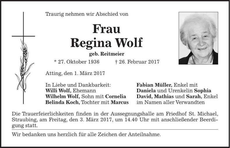 Traueranzeige Regina Wolf