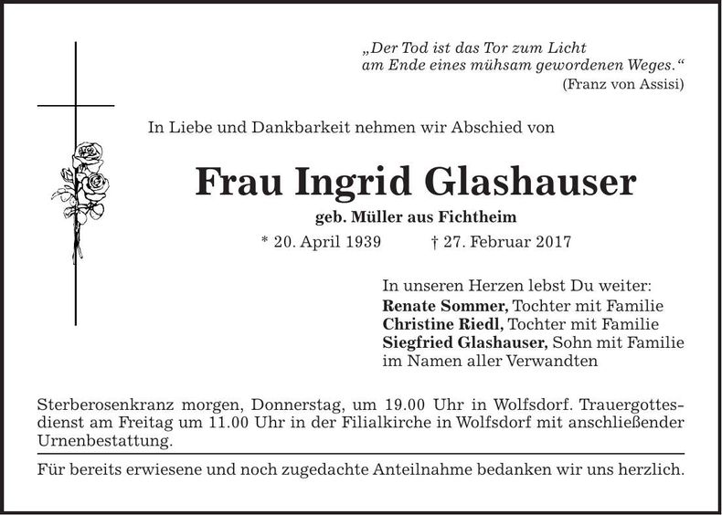 Traueranzeige Ingrid Glashauser