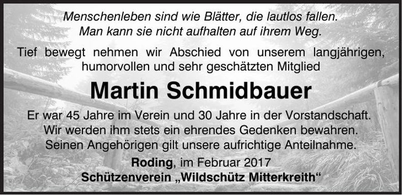 Traueranzeige Martin Schmidbauer
