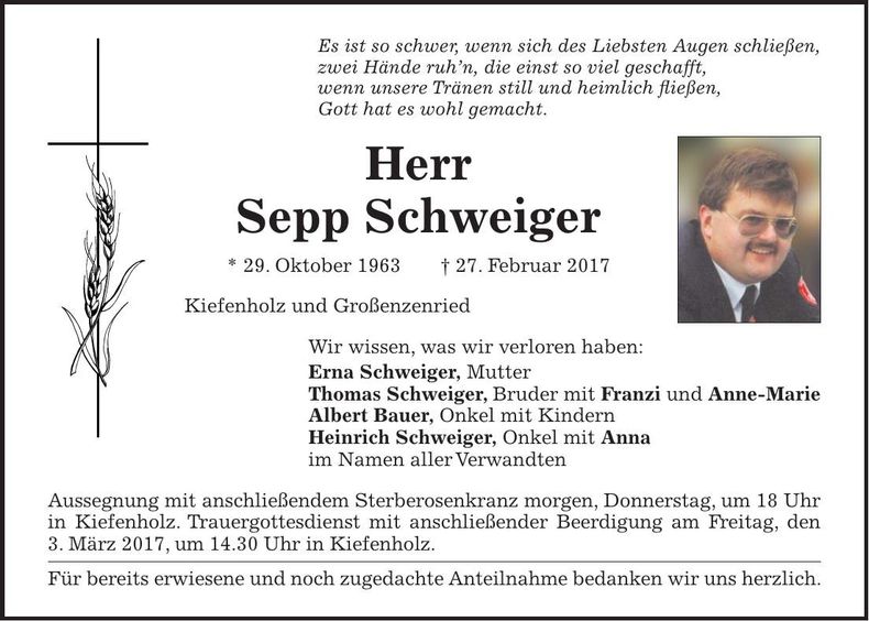 Traueranzeige Sepp Schweiger