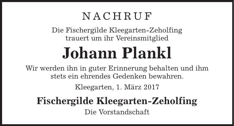 Traueranzeige Johann Plankl