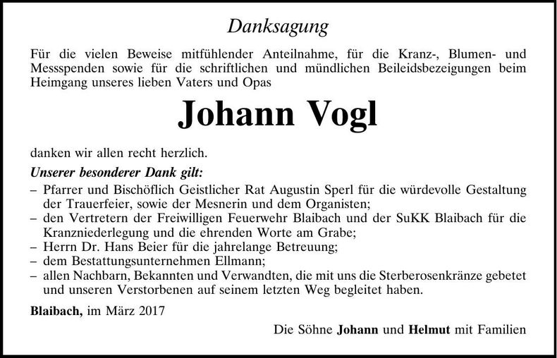Traueranzeige Johann Vogl