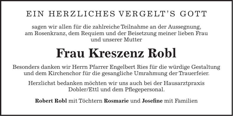 Traueranzeige Kreszenz Robl