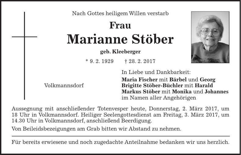 Traueranzeige Marianne Stöber