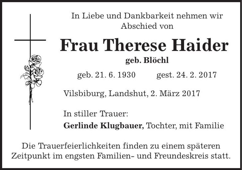 Traueranzeige Therese Haider
