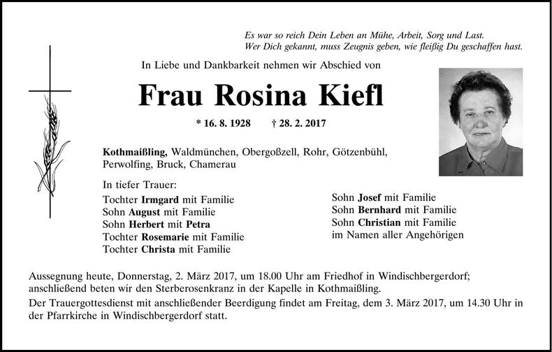 Traueranzeige Rosina Kiefl